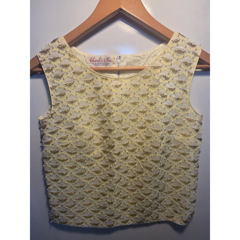 White Beaded Top Vintage 1960s Women’s 34 CHARLES & CO Sleeveless Shell Blouse